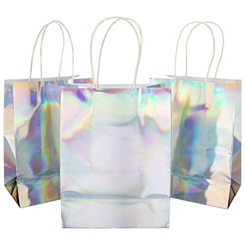 Andaz Press Iridescent Party Bags with Handles, 5.75 x 7.75 inches, 25 Pack Holographic Silver Foil Gift Bags, Treat Bags, Favor Bags, Party Favors, Favor Gifts for Guests, Thank You Bags, Welcome Ba