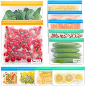 anpro reusable food storage bags leakproof - 11 pack anpro bpa free freezer bags (2 reusable gallon bags, 5 resuable sandwich bags, 4 reusable snack bags), silicone bags for lunch