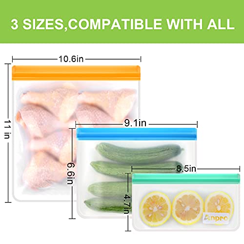 Anpro Reusable Food Storage Bags Leakproof - 11 Pack Anpro BPA Free Freezer Bags (2 Reusable Gallon Bags, 5 Resuable Sandwich Bags, 4 Reusable Snack Bags), Silicone Bags for Lunch