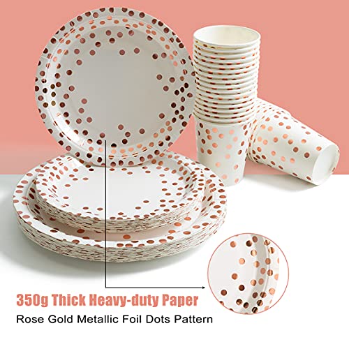 175 Pieces Rose Gold Party Supplies - Rose Gold Dot on White Paper Plates and Napkins Cups Silverware Serves 25 Sets for Wedding Bridal Shower Engagement Birthday Parties