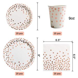 175 Pieces Rose Gold Party Supplies - Rose Gold Dot on White Paper Plates and Napkins Cups Silverware Serves 25 Sets for Wedding Bridal Shower Engagement Birthday Parties