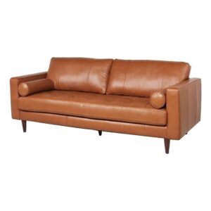 maklaine 88" top grain genuine leather tufted 3 seater sofa with bolster pillows, mid century modern lawson style couch with excellent craftsmanship, camel brown