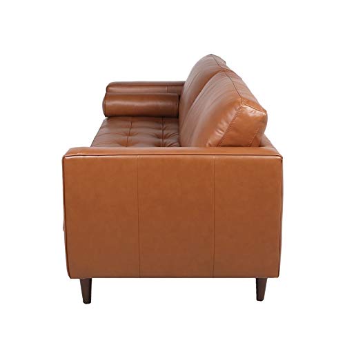 MAKLAINE 88" Top Grain Genuine Leather Tufted 3 Seater Sofa with Bolster Pillows, Mid Century Modern Lawson Style Couch with Excellent Craftsmanship, Camel Brown