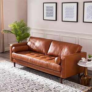 MAKLAINE 88" Top Grain Genuine Leather Tufted 3 Seater Sofa with Bolster Pillows, Mid Century Modern Lawson Style Couch with Excellent Craftsmanship, Camel Brown