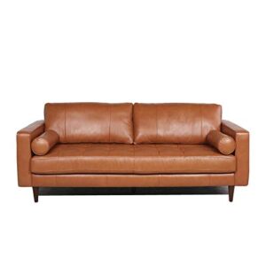 MAKLAINE 88" Top Grain Genuine Leather Tufted 3 Seater Sofa with Bolster Pillows, Mid Century Modern Lawson Style Couch with Excellent Craftsmanship, Camel Brown