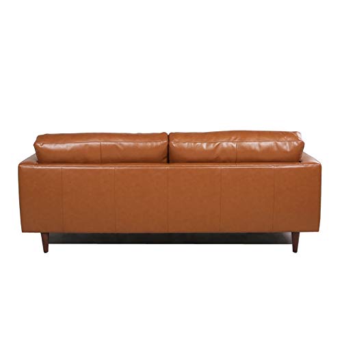 MAKLAINE 88" Top Grain Genuine Leather Tufted 3 Seater Sofa with Bolster Pillows, Mid Century Modern Lawson Style Couch with Excellent Craftsmanship, Camel Brown