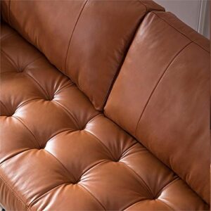 MAKLAINE 88" Top Grain Genuine Leather Tufted 3 Seater Sofa with Bolster Pillows, Mid Century Modern Lawson Style Couch with Excellent Craftsmanship, Camel Brown