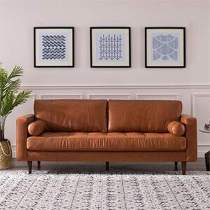 MAKLAINE 88" Top Grain Genuine Leather Tufted 3 Seater Sofa with Bolster Pillows, Mid Century Modern Lawson Style Couch with Excellent Craftsmanship, Camel Brown