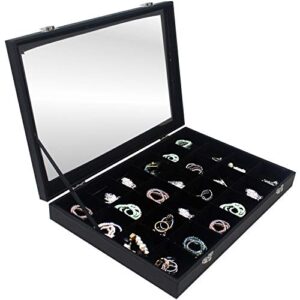 hivory velvet jewelry display tray for earrings & rings - stud earring storage box, earring & ring holder display case for girls - clear lid 24 grid jewelry organizer box (black)