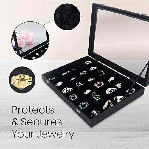 Hivory Velvet Jewelry Display Tray for Earrings & Rings - Stud Earring Storage Box, Earring & Ring Holder Display Case for Girls - Clear lid 24 Grid Jewelry Organizer Box (Black)