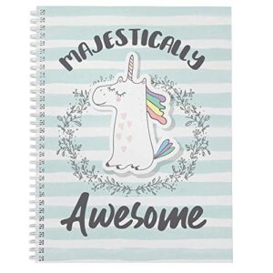 softcover majestically awesome 8.5" x 11" unicorn spiral notebook/journal, 120 wide ruled pages, durable gloss laminated cover, white wire-o spiral. made in the usa