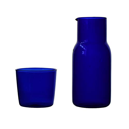 Bedside Water Carafe Set Glass Mouthwash Bottle Decorative for Bathroom, 19oz/550ml(Blue)