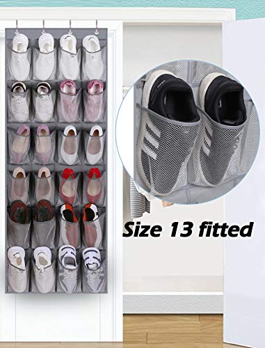 MISSLO Over The Door Shoe Organizer Hanging Closet Holder Hanger Storage Bag Rack with 24 Large Mesh Pockets, Gray