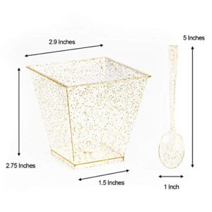 Tebery 100 Pack 8oz Gold Glitter Medium Plastic Dessert Cups With 100 Spoons Square Dessert Bowls for Tasting Party Desserts Appetizers