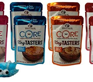 Wellness CORE Tiny Tasters Grain Free Cat Food 4 Flavor 8 Pouch Plus Catnip Toy Sampler Bundle, (2) Each: Duck, Tuna, Chicken, Chicken Beef, (1.75 Ounces)