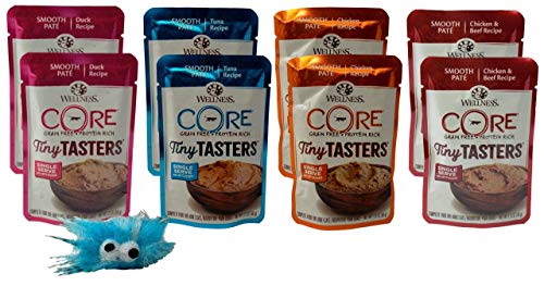 Wellness CORE Tiny Tasters Grain Free Cat Food 4 Flavor 8 Pouch Plus Catnip Toy Sampler Bundle, (2) Each: Duck, Tuna, Chicken, Chicken Beef, (1.75 Ounces)