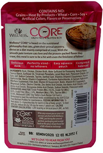 Wellness CORE Tiny Tasters Grain Free Cat Food 4 Flavor 8 Pouch Plus Catnip Toy Sampler Bundle, (2) Each: Duck, Tuna, Chicken, Chicken Beef, (1.75 Ounces)