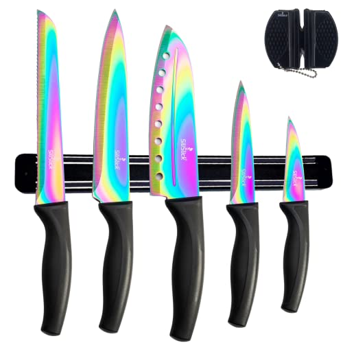 SiliSlick Kitchen Knife Set, Titanium Coated Stainless Steel Colorful Blades, Chef, Bread, Santoku Utility & Paring Knives, Magnetic Mounting Rack & Portable Sharpener