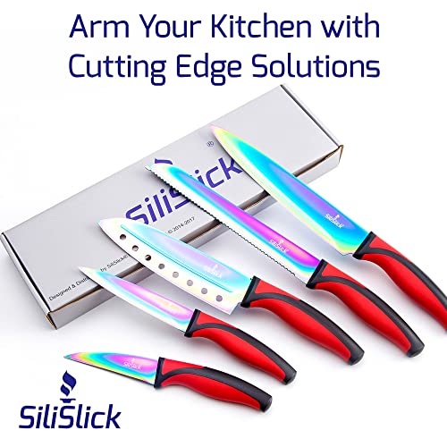 SiliSlick Kitchen Knife Set, Titanium Coated Stainless Steel Colorful Blades, Chef, Bread, Santoku Utility & Paring Knives, Magnetic Mounting Rack & Portable Sharpener