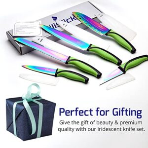 SiliSlick Kitchen Knife Set, Titanium Coated Stainless Steel Colorful Blades, Chef, Bread, Santoku Utility & Paring Knives, Magnetic Mounting Rack & Portable Sharpener