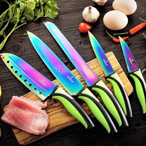 SiliSlick Kitchen Knife Set, Titanium Coated Stainless Steel Colorful Blades, Chef, Bread, Santoku Utility & Paring Knives, Magnetic Mounting Rack & Portable Sharpener