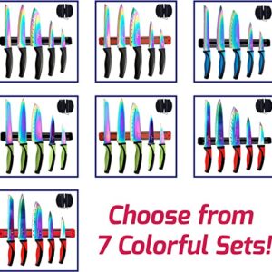 SiliSlick Kitchen Knife Set, Titanium Coated Stainless Steel Colorful Blades, Chef, Bread, Santoku Utility & Paring Knives, Magnetic Mounting Rack & Portable Sharpener