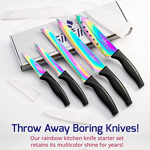 SiliSlick Kitchen Knife Set, Titanium Coated Stainless Steel Colorful Blades, Chef, Bread, Santoku Utility & Paring Knives, Magnetic Mounting Rack & Portable Sharpener