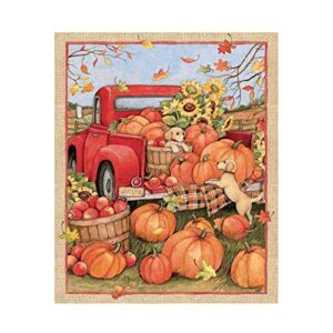 susan winget red truck pumpkins puppies 37in panel multi quilt fabric