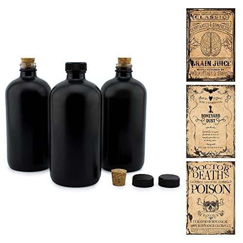 Cornucopia Brands Black 16-Ounce Glass Apothecary Bottles (3-Pack); Boston Round Bottles w/ Designer Labels Ideal for Aromatherapy and DIY