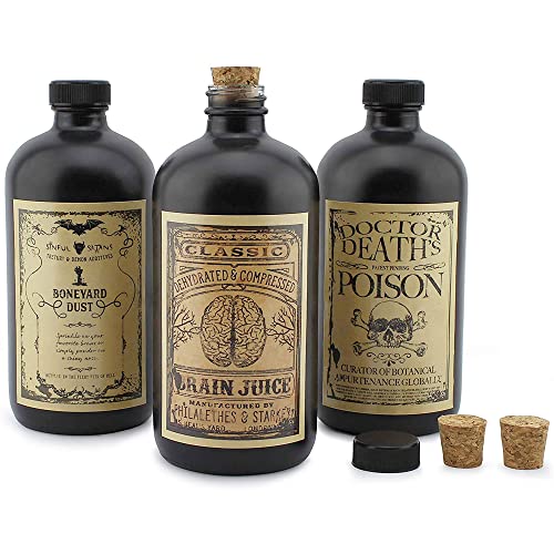 Cornucopia Brands Black 16-Ounce Glass Apothecary Bottles (3-Pack); Boston Round Bottles w/ Designer Labels Ideal for Aromatherapy and DIY