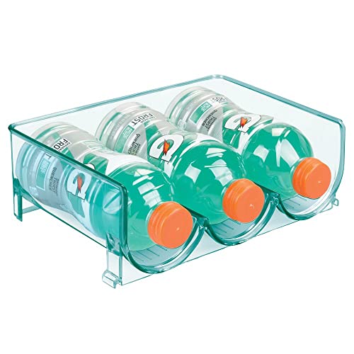 mDesign Stackable Plastic 3 Bottle Refrigerator Wine Rack - Kitchen Storage Organizer for Champagne, Wine or Water Bottles - Stacking Wine Organizer for Fridge - Ligne Collection - 4 Pack - Blue Tint