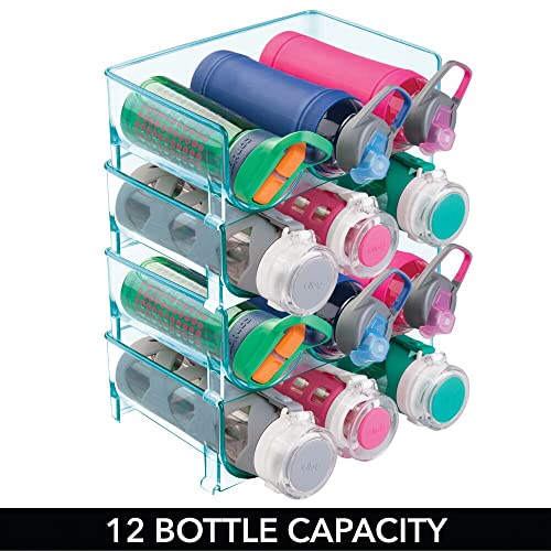 mDesign Stackable Plastic 3 Bottle Refrigerator Wine Rack - Kitchen Storage Organizer for Champagne, Wine or Water Bottles - Stacking Wine Organizer for Fridge - Ligne Collection - 4 Pack - Blue Tint