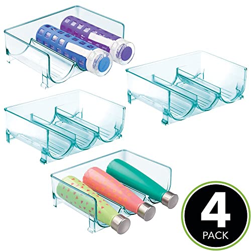 mDesign Stackable Plastic 3 Bottle Refrigerator Wine Rack - Kitchen Storage Organizer for Champagne, Wine or Water Bottles - Stacking Wine Organizer for Fridge - Ligne Collection - 4 Pack - Blue Tint