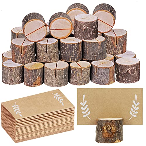 30 Pcs Rustic Wood Place Card Holders Circular Table Numbers Holder Stand Wooden Bark Memo Holder Card Photo Picture Note Clip Holders and Kraft Place Cards Bulk Wedding Party Table Number Sign