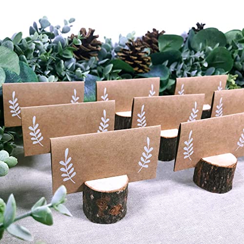 30 Pcs Rustic Wood Place Card Holders Circular Table Numbers Holder Stand Wooden Bark Memo Holder Card Photo Picture Note Clip Holders and Kraft Place Cards Bulk Wedding Party Table Number Sign