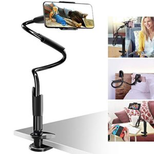 b-land bed phone holder gooseneck mount, clip cell phone holder for desk flexible arm clamp mount stand for phone 11 pro xs max xr x 8 7 6 plus samsung s10 s9 s8 nintendo switch (black)