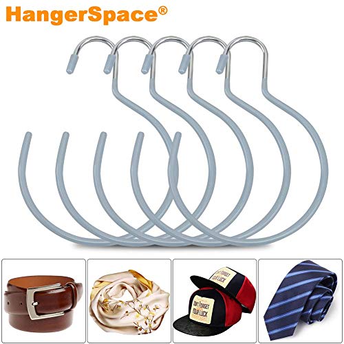 HangerSpace Scarf Ring Hanger Belt Rack, 5 Pcs Non-Slip Tie Hanging Hooks Closet Accessories Organizer Storage Holders for Ties Scarves Belts and Jewelry(5, Grey)