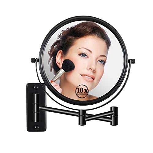 LANSI Wall Mounted Makeup Mirror, 1X/10X Magnifying Mirror 360° Extendable Arm Mirror for Makeup, 8 Inch Double Sided Vanity Mirror for Bathroom, Wall Mirror for Teen Girls, Women, Black