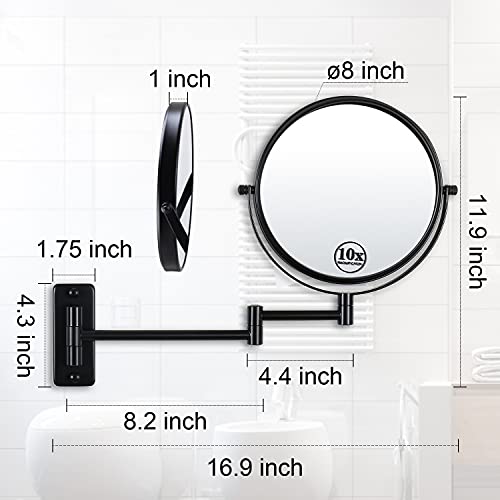 LANSI Wall Mounted Makeup Mirror, 1X/10X Magnifying Mirror 360° Extendable Arm Mirror for Makeup, 8 Inch Double Sided Vanity Mirror for Bathroom, Wall Mirror for Teen Girls, Women, Black