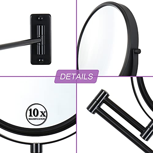 LANSI Wall Mounted Makeup Mirror, 1X/10X Magnifying Mirror 360° Extendable Arm Mirror for Makeup, 8 Inch Double Sided Vanity Mirror for Bathroom, Wall Mirror for Teen Girls, Women, Black