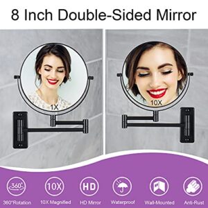 LANSI Wall Mounted Makeup Mirror, 1X/10X Magnifying Mirror 360° Extendable Arm Mirror for Makeup, 8 Inch Double Sided Vanity Mirror for Bathroom, Wall Mirror for Teen Girls, Women, Black