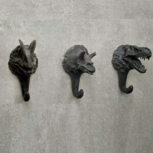 Panda Legends 3-Packs Lifelike Matte Black Dinosaur Fossils Head Skeleton Wall Hooks Resin Coat Hooks Bathroom Hangers Key Hooks