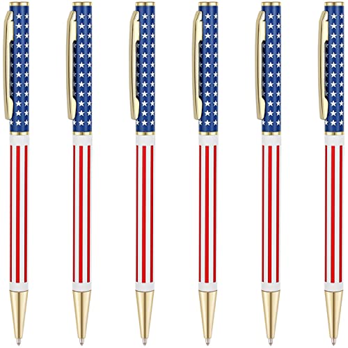 Unibene Slim Metal Retractable Ballpoint Pens Bulk of 6 Count, Gold Patriotic American Flag for Swat, Veteran, Souvenir, Promotion, Medium Point(1 mm Black Ink), School and Office Supplies