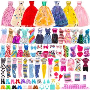 BARWA 57 Pack Doll Clothes and Accessories 5 Fashion Dresses 4 Tops 4 Pants Outfits 3 Wedding Gown Dresses 3 Swimsuits Bikini 5 Mini Dresses, 10 Hangers 15 Shoes Computer Cosmetic for 11.5 inch Doll