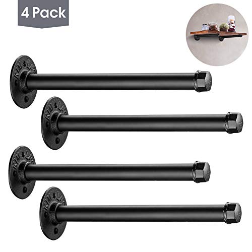 Industrial Black Iron Pipe Shelf Brackets 4 Pack, Elibbren 13.7 Inch Vintage Wall Mount DIY Shelving Brackets, Rustic Home Pipe Decor