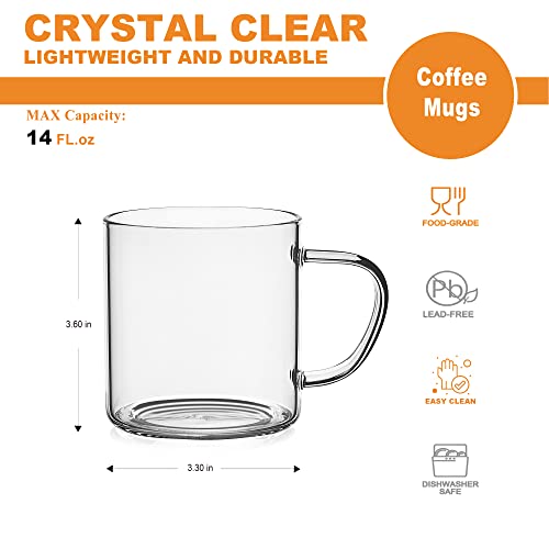 LUXU Glass Coffee Mugs Set of 4,Large Wide Mouth Mocha Hot Beverage Mugs (14oz),Clear Espresso Cups with Handle,Lead-Free Drinking Glassware,Perfect for Latte,Cappuccino,Hot Chocolate,Tea and Juice