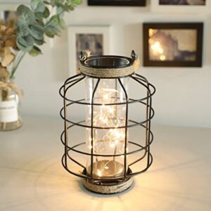 jhy design metal cage led lantern battery powered,9.4" tall cordless accent light with 20pcs fairy lights christmas lights for weddings parties patio events indoors outdoors