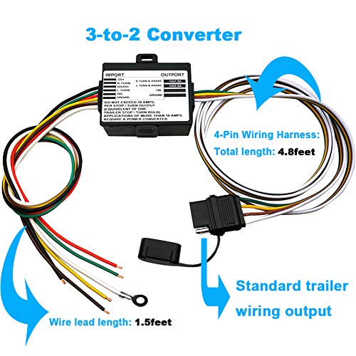 CARROFIX Powered 3-to-2-Wire Trailer Tail Light Converter with 1.5ft Leads and 4.8ft 4-Way Wiring Harness Connector - LED Compatible