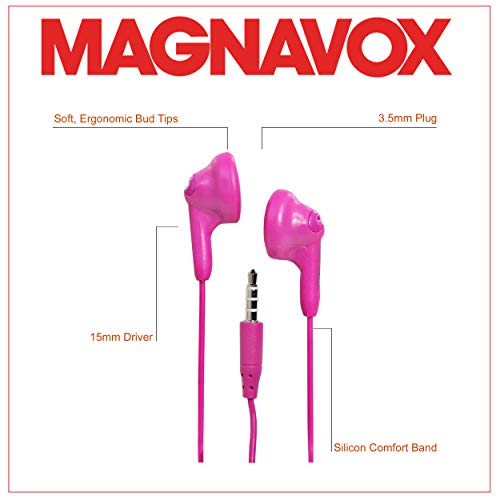 Magnavox MHP4820-PK Gummy Earbuds in Pink | Available in Pink, White, Black, Blue, & Teal | Earbuds Gummy | Extra Value Comfort Stereo Earbuds | Durable Rubberized Cable |