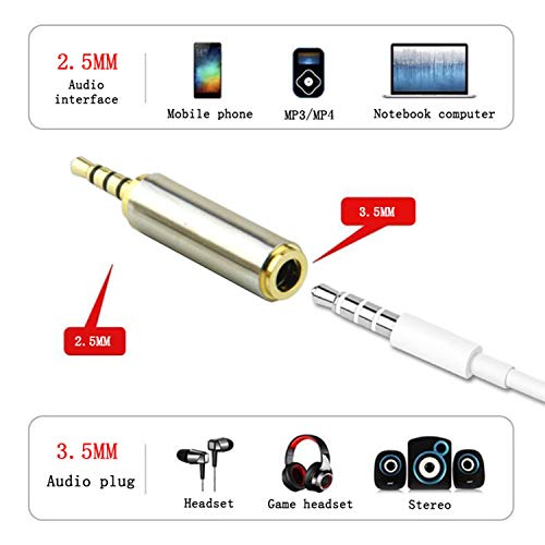 2.5mm Male to 3.5mm Female Audio Adapter Gold Plated Aux Auxiliary Plug Splitter 3 Ring Jack Support Converter Headphone Earphone Headset Stereo or Mono(2 Pack)